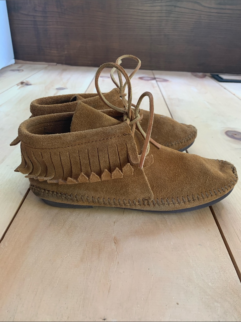 Minnetonka Suede Fringe Moccasin Boots - Brown